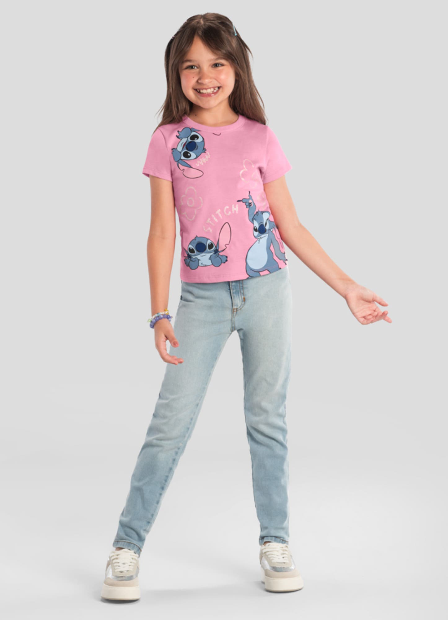 Blusa Infantil Stitch Florzinha Rosa Brandili Disney