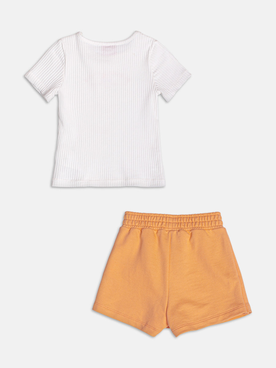 Conjunto Infantil Momi Verão com Shorts Saia Laranja e Blusa Branca Summer Vibes