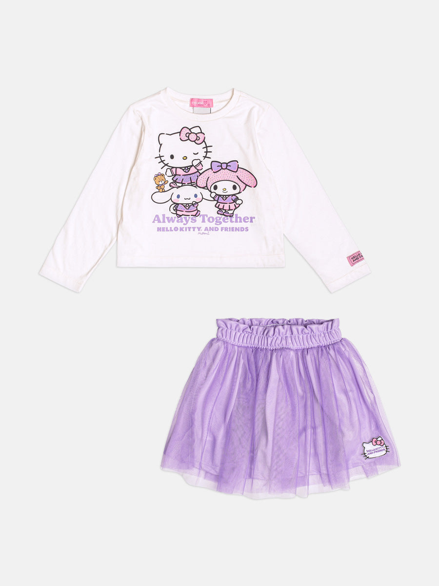 Conjunto Infantil Momi Inverno com Saia Lilás e Blusa Manga Longa Hello Kitty Strass