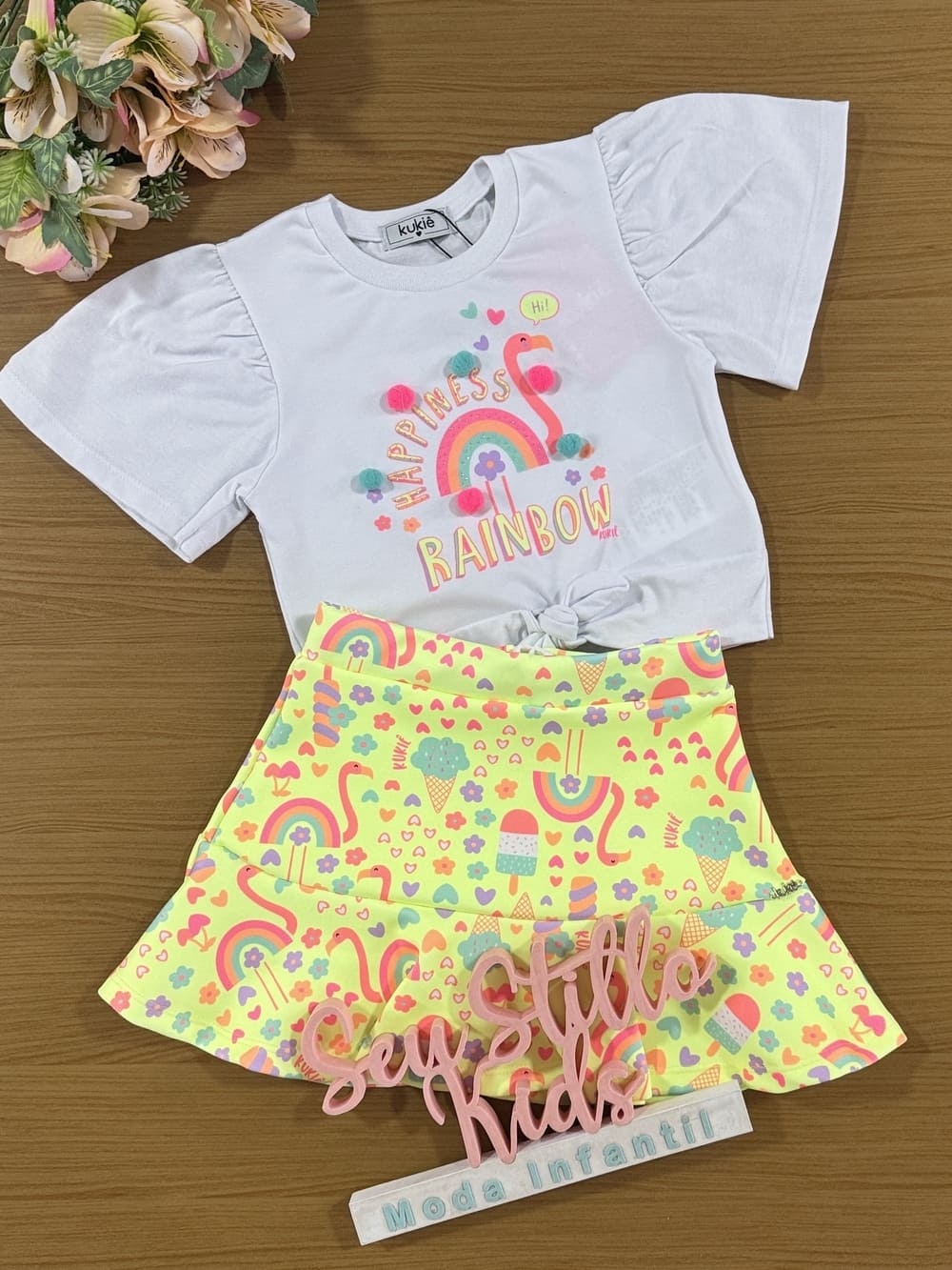 Conjunto Infantil Kukie Verão Saia Amarela e Blusa Arco Iris