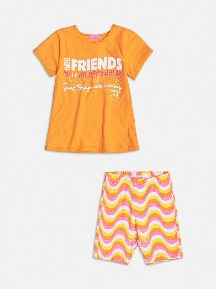 Conjunto Infantil Momi Verão Shorts Ciclista Ondas e Blusa Laranja Friends
