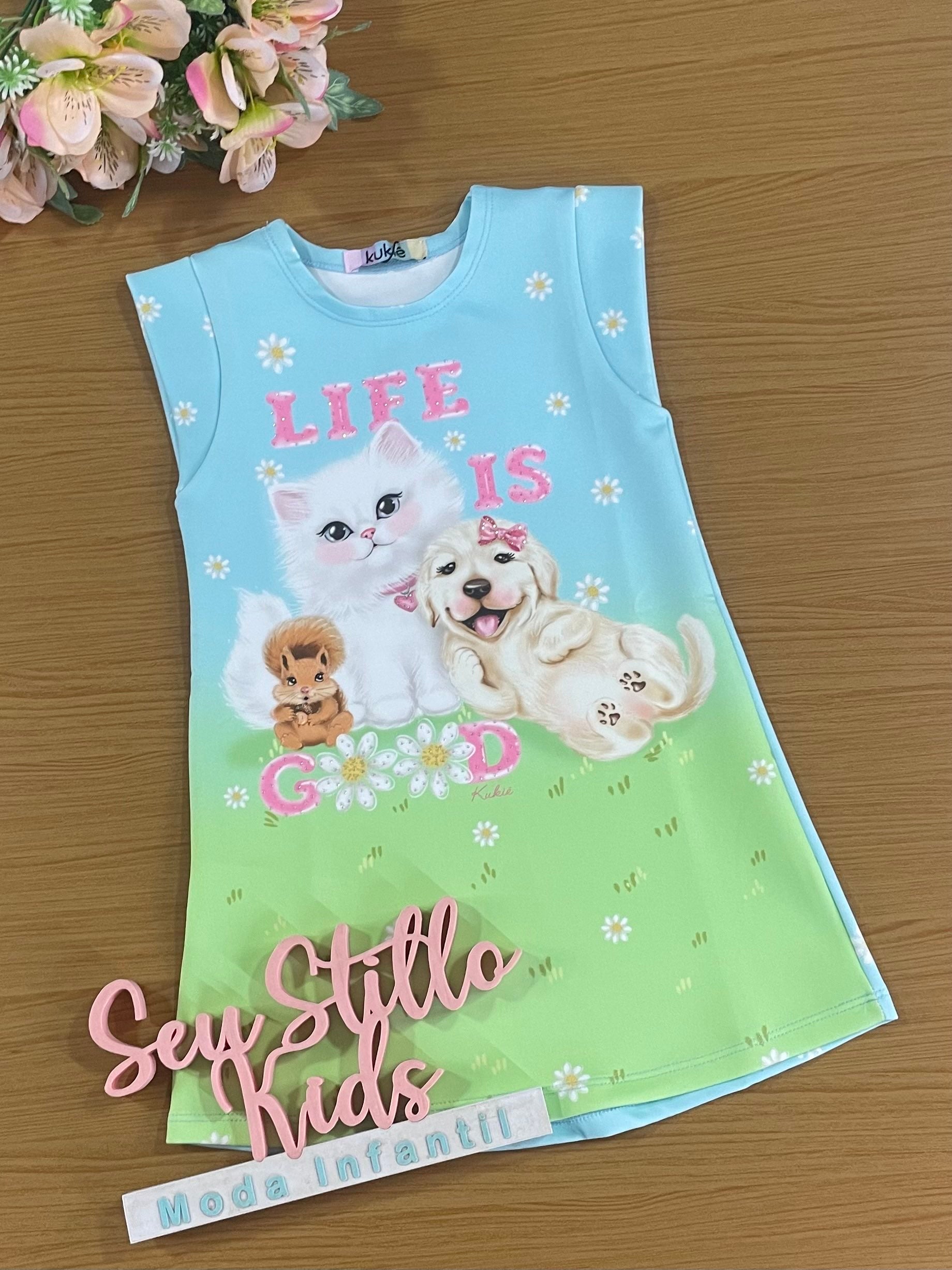 Vestido Infantil Kukie Verão Azul Animais