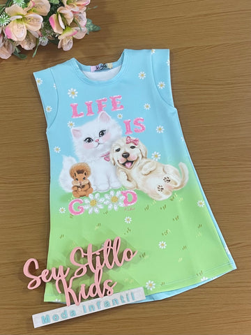 Vestido Infantil Kukie Verão Azul Animais