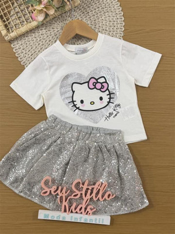 Conjunto Infantil Momi Inverno, Saia com Paete Cinza e Blusa Manga Curta Hello Kitty