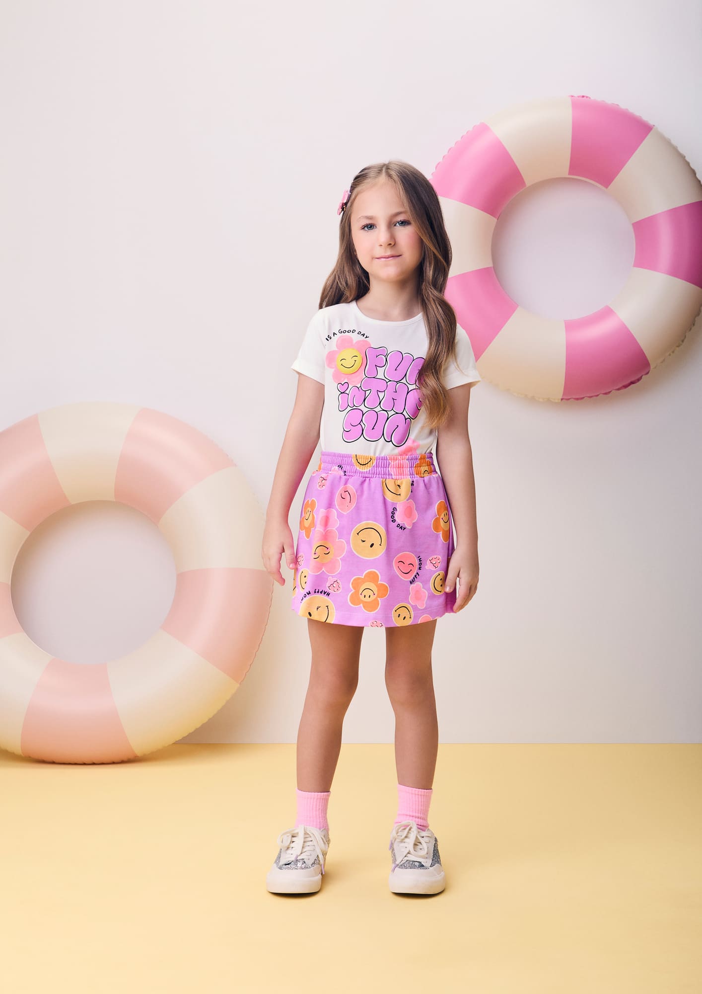 Conjunto Infantil Momi Verão com Shorts Saia Roxo e Blusa Branca Florzinha