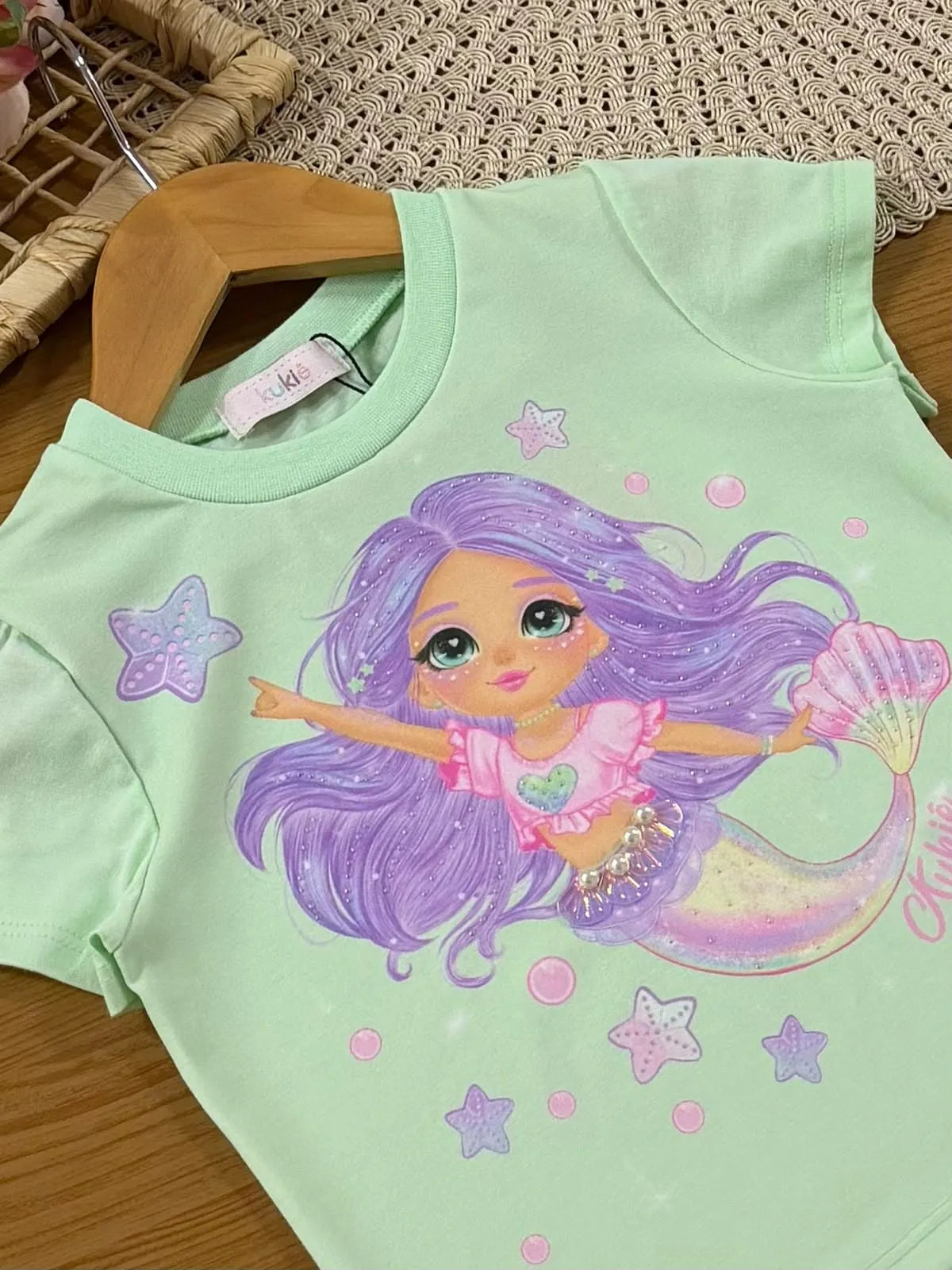Blusa Infantil Menina Kukiê Verde Sereia Strass