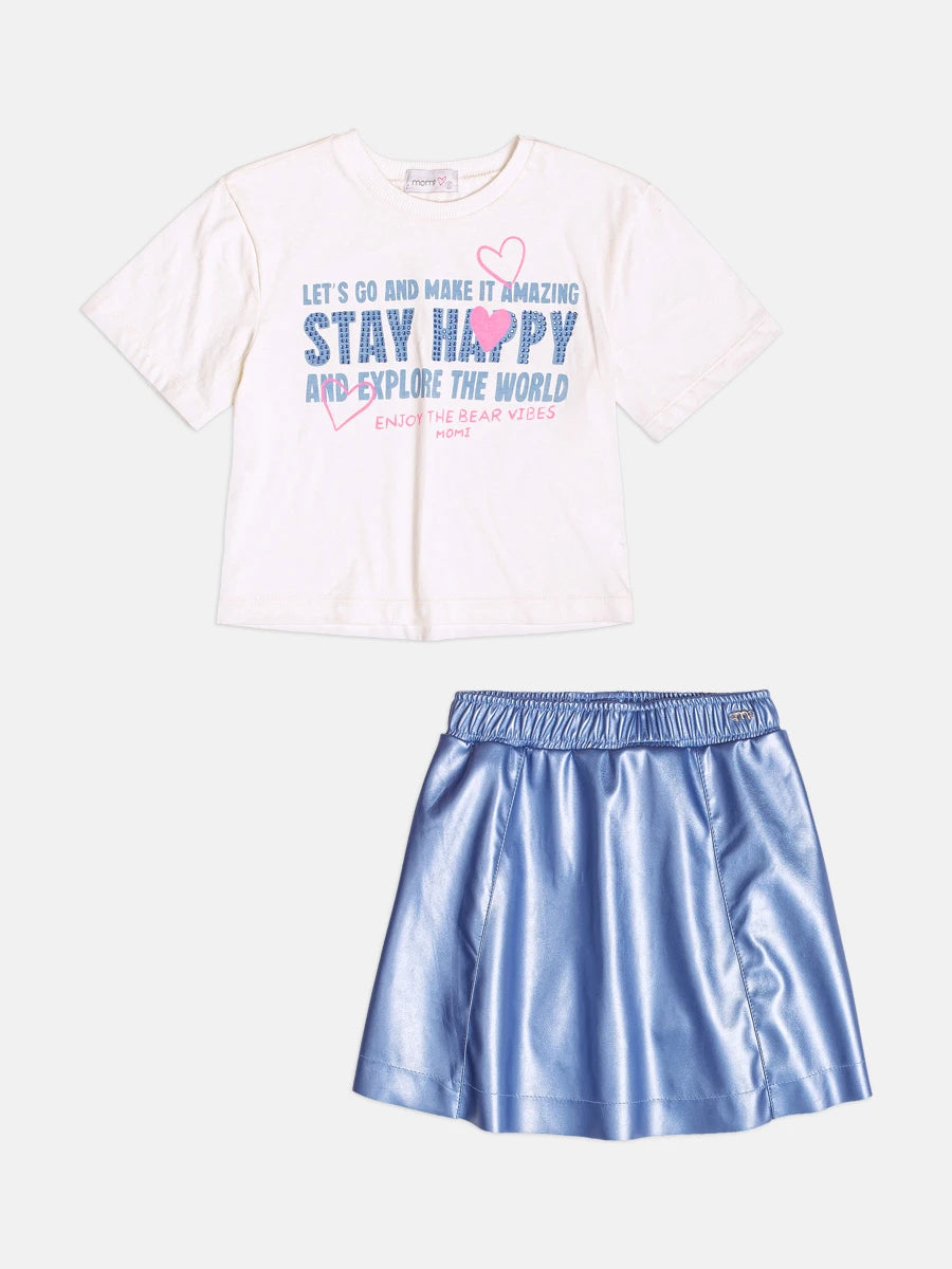 Conjunto Infantil Momi Inverno com Saia Azul e Blusa Manga Curta Stay Happy