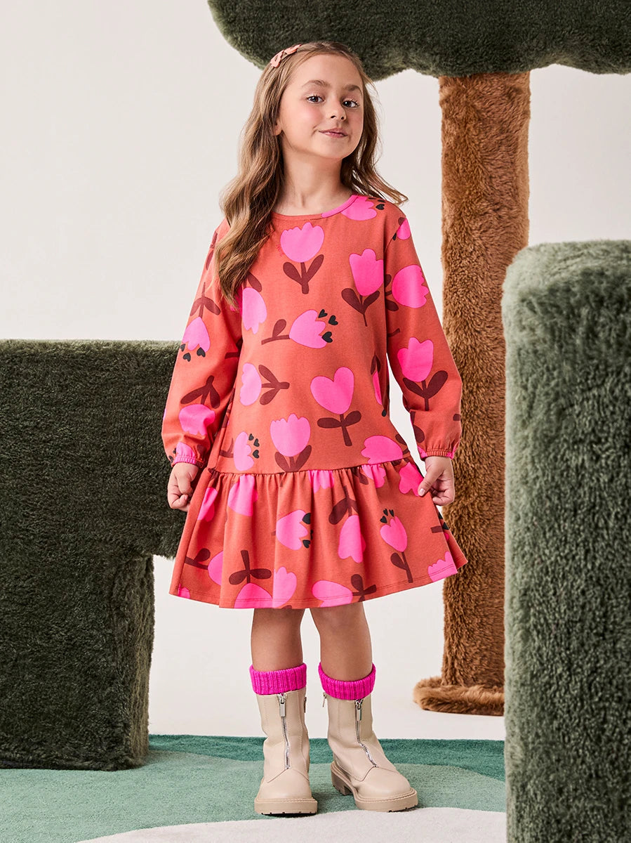 Vestido Infantil Bimbi Inverno Manga Longa Marrom Florzinhas