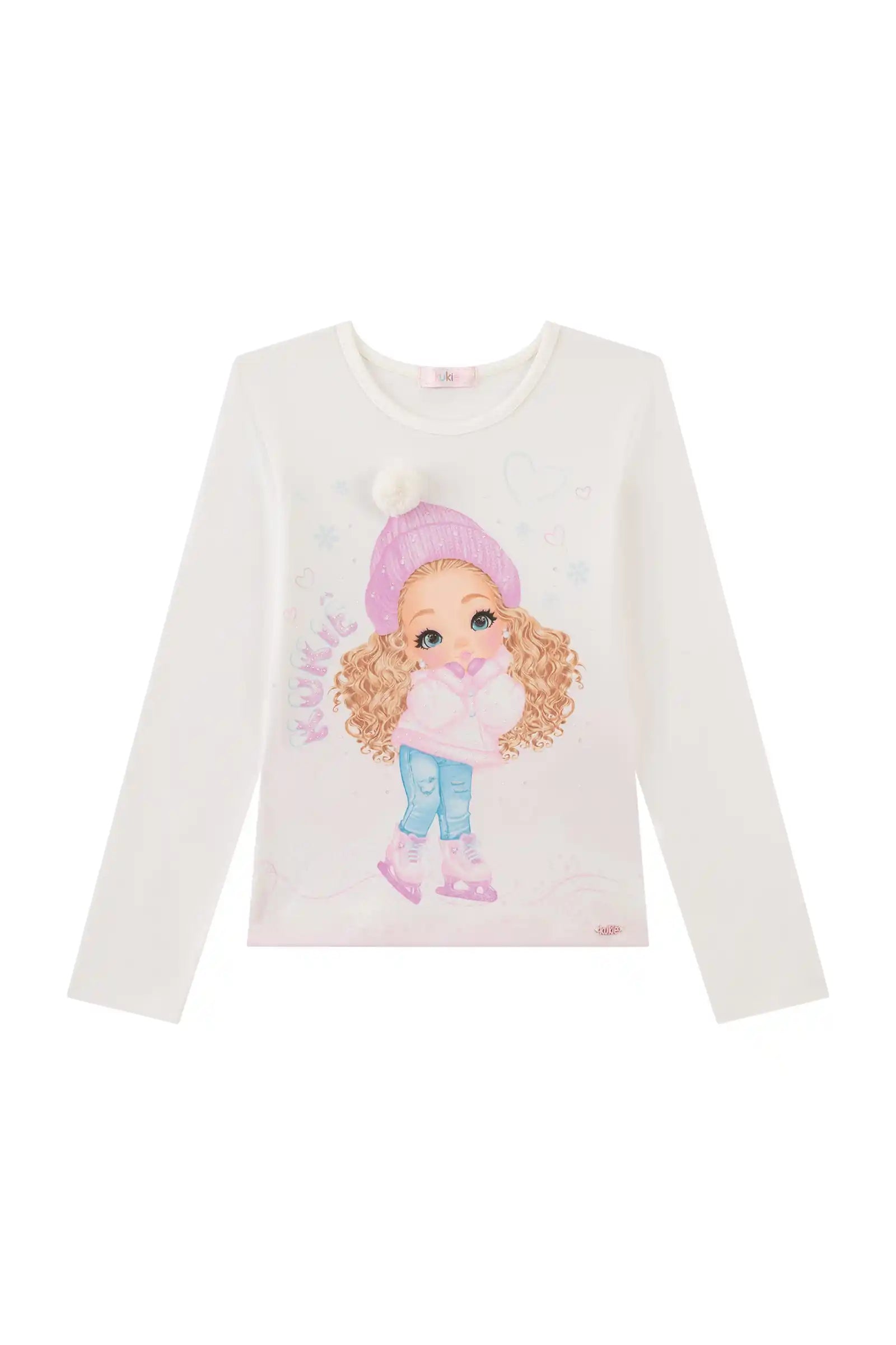 Blusa Infantil Kukiê Inverno Manga Longa Branca Menininha Esqui