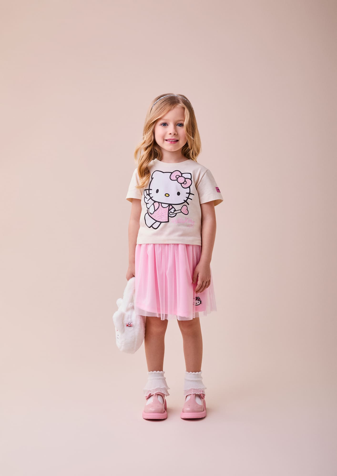 Conjunto Infantil Momi Saia Rosa Tule e Blusa Manga Curta Hello Kitty