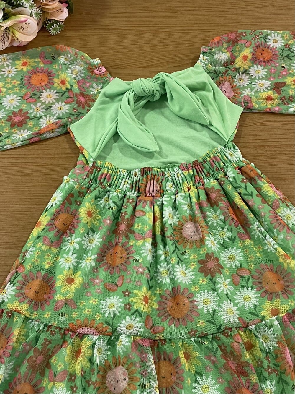 Vestido Infantil Kukiê Verão Verde Tule Flor