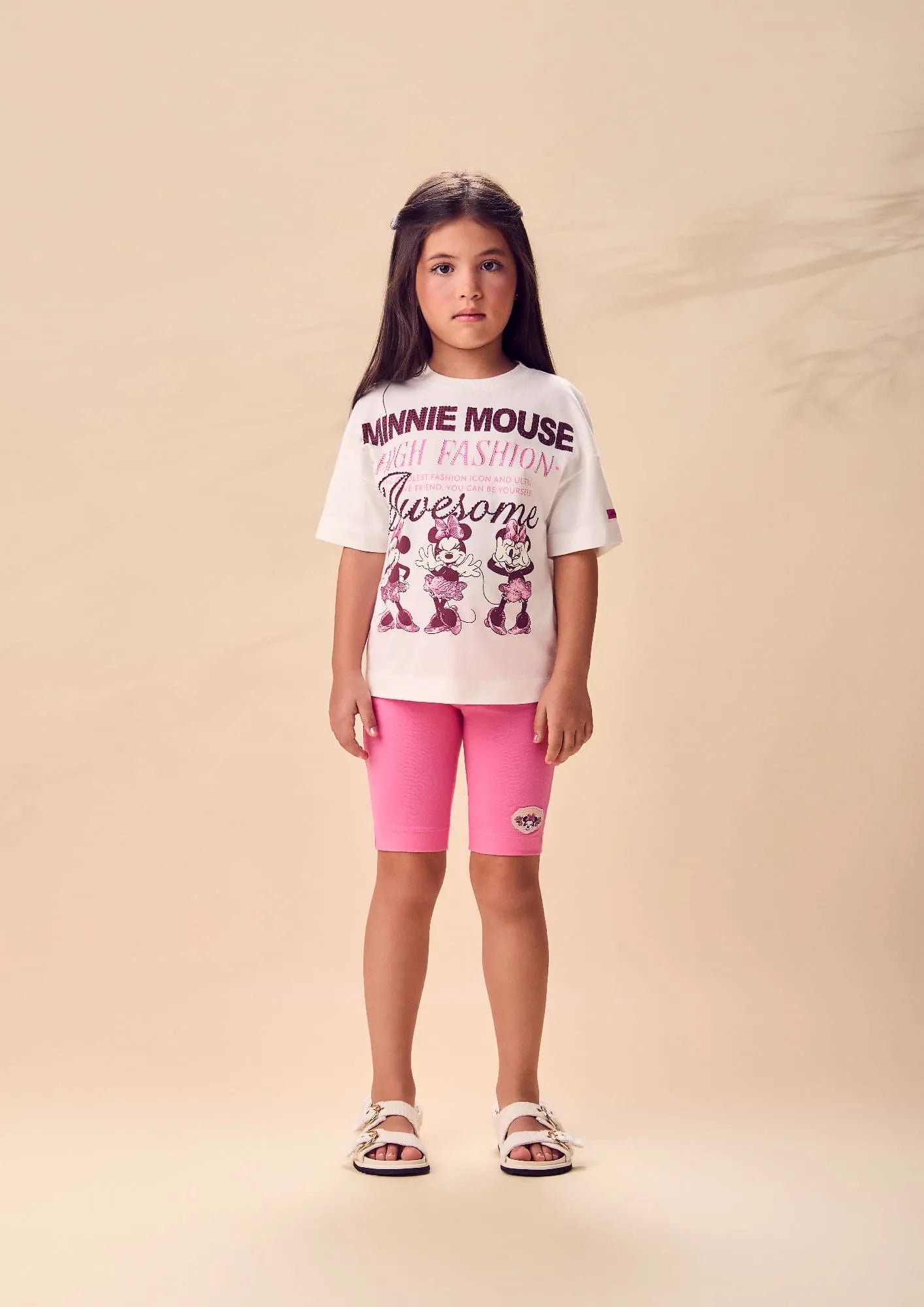 Conjunto Infantil Menina Animê com Shorts Ciclista Rosa e Blusa Branca Minnie Fashion Disney