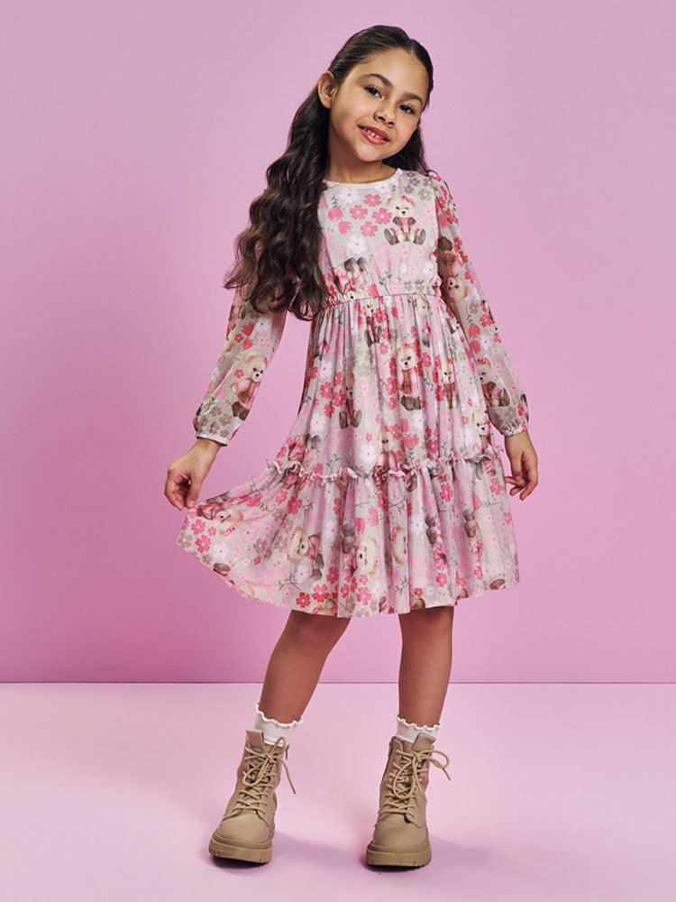 Vestido Infantil Cinti Invero Bege Ursinha Floral