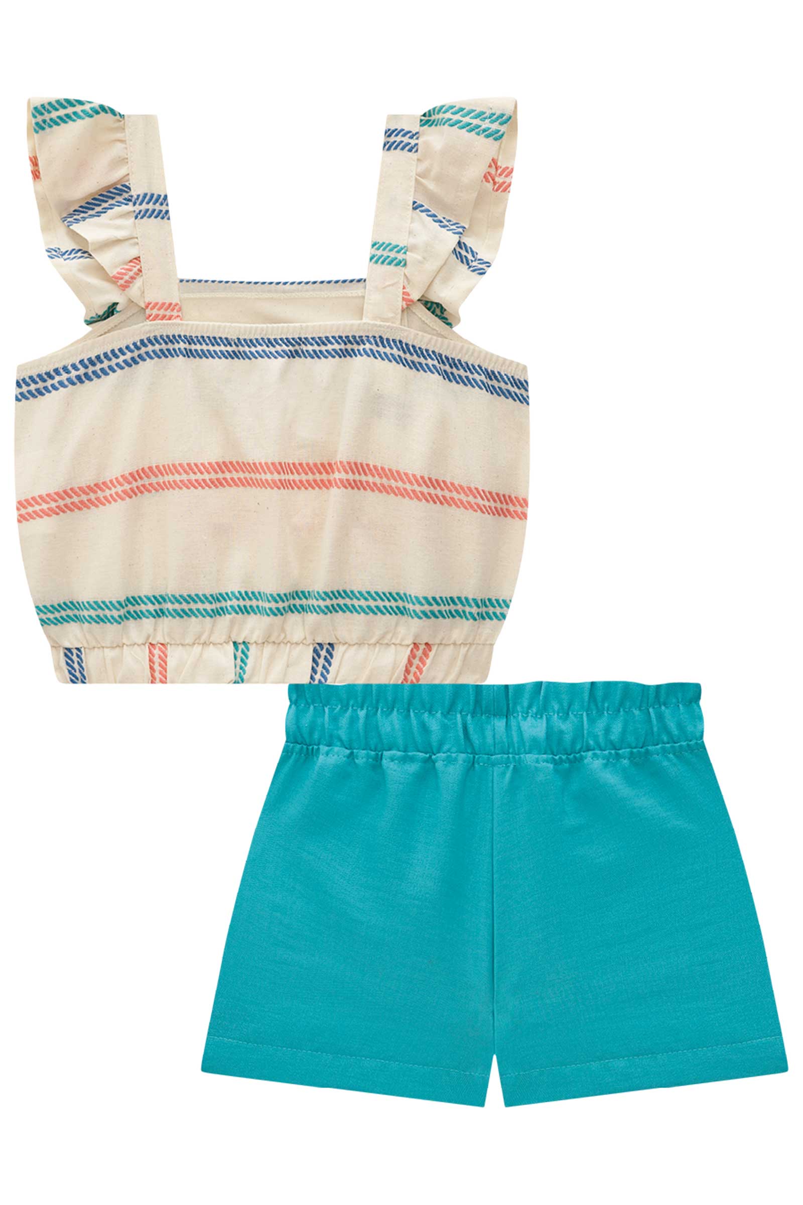 Conjunto Infantil Kukie Verão Shorts Azul e Cropped Listras