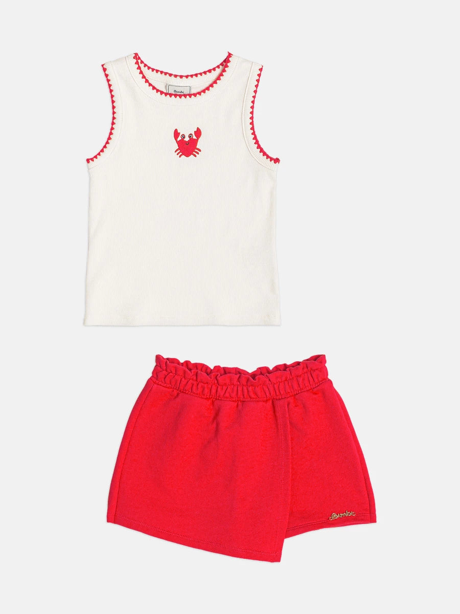 Conjunto Infantil Menina Bimbi com Shorts Saia Vermelho e Regata Caranguejo