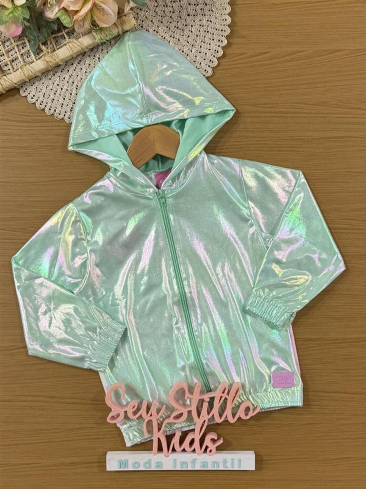 Jaqueta Corta Vento Infantil Cinti Inverno Verde Holografica