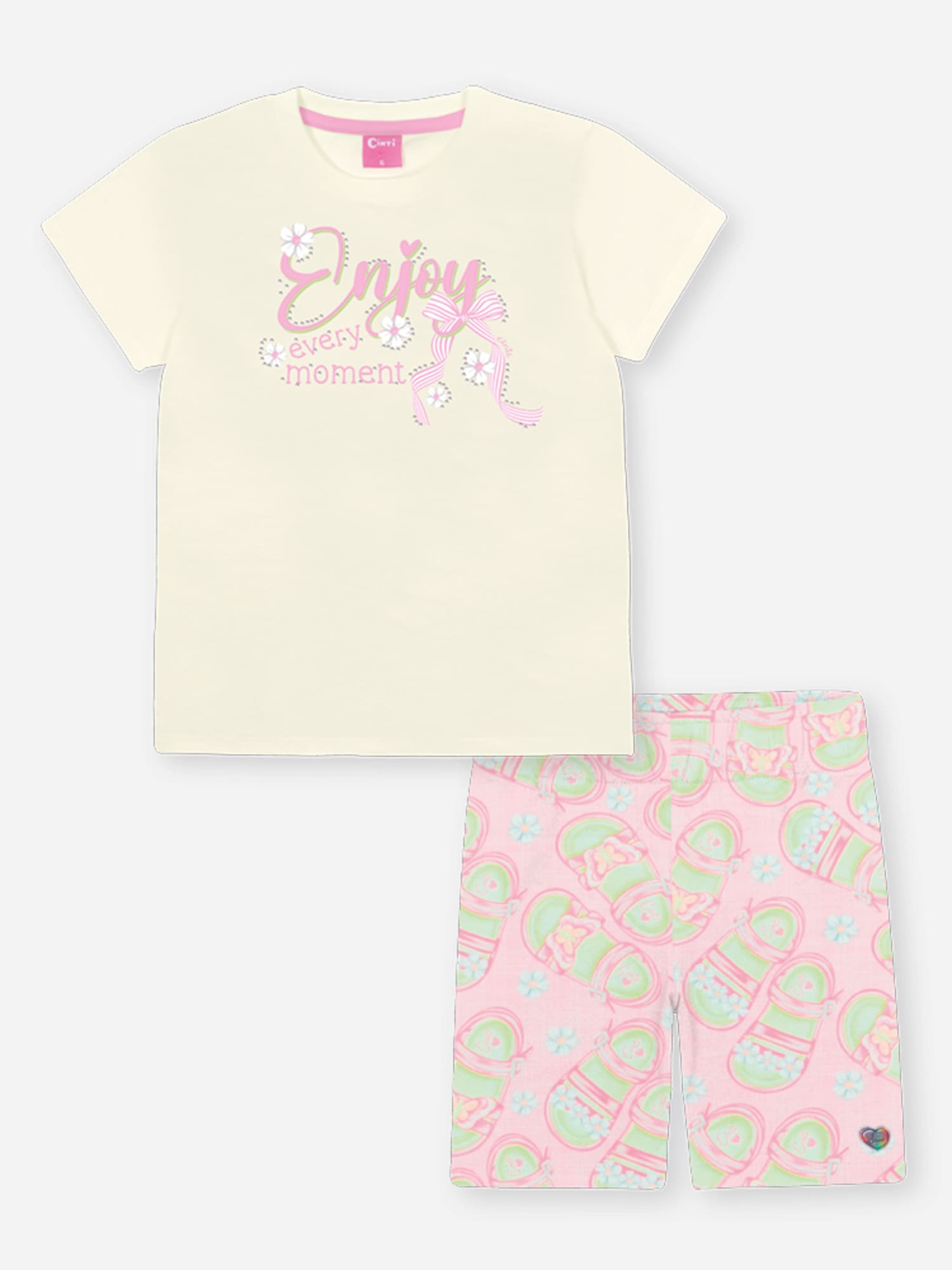 Conjunto Infantil Cinti Verão com Shorts Ciclista Rosa e Blusa Branca Enjoy