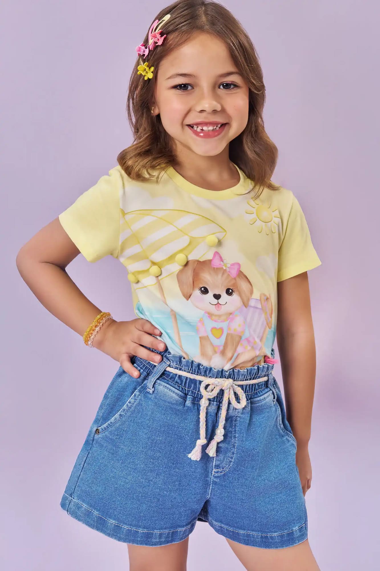 Blusa Infantil Kukiê Verão Amarela Cachorrinha na Praia