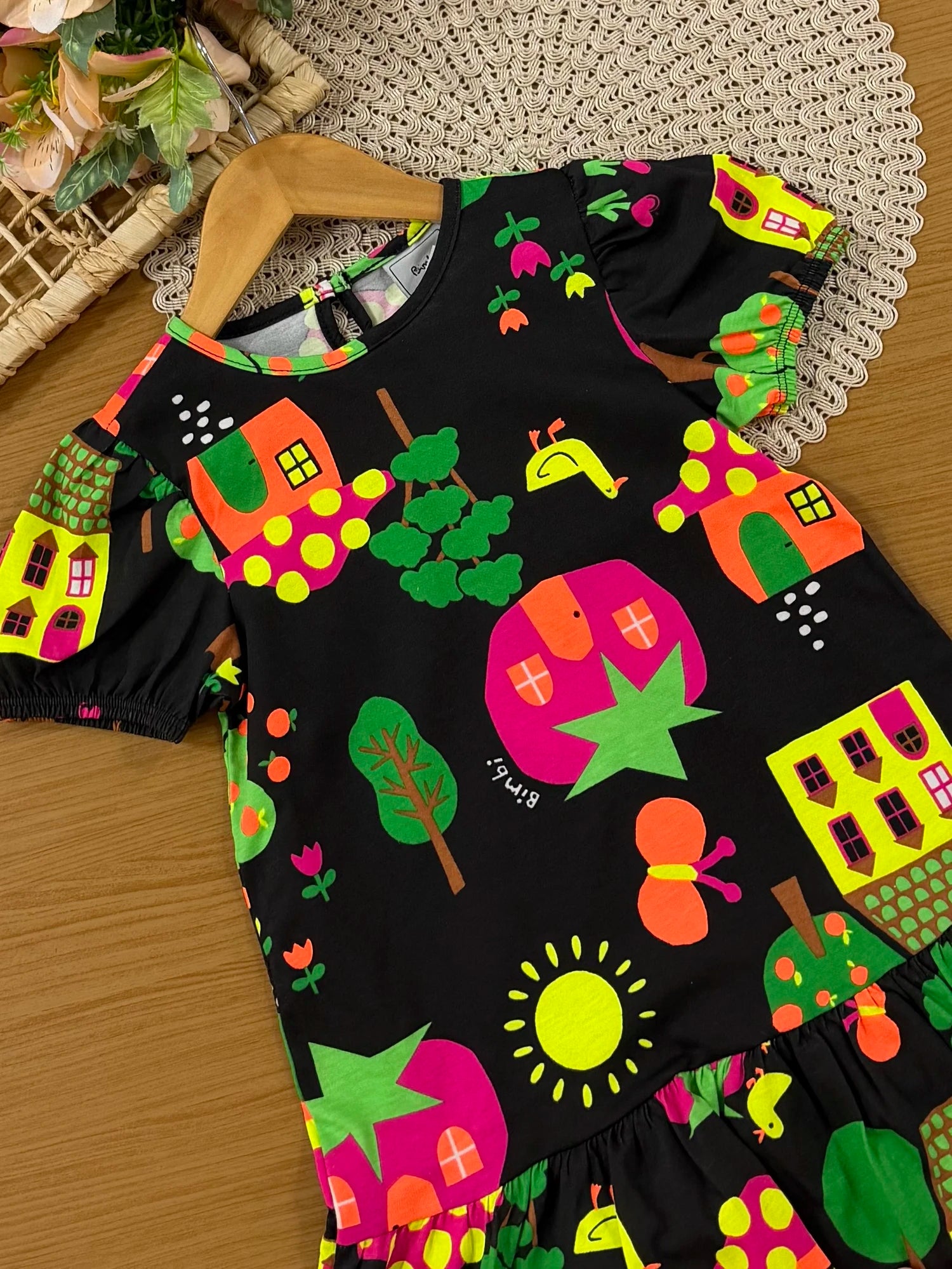 Vestido Infantil Bimbi Inverno Manga Curta Preto Fazendinha
