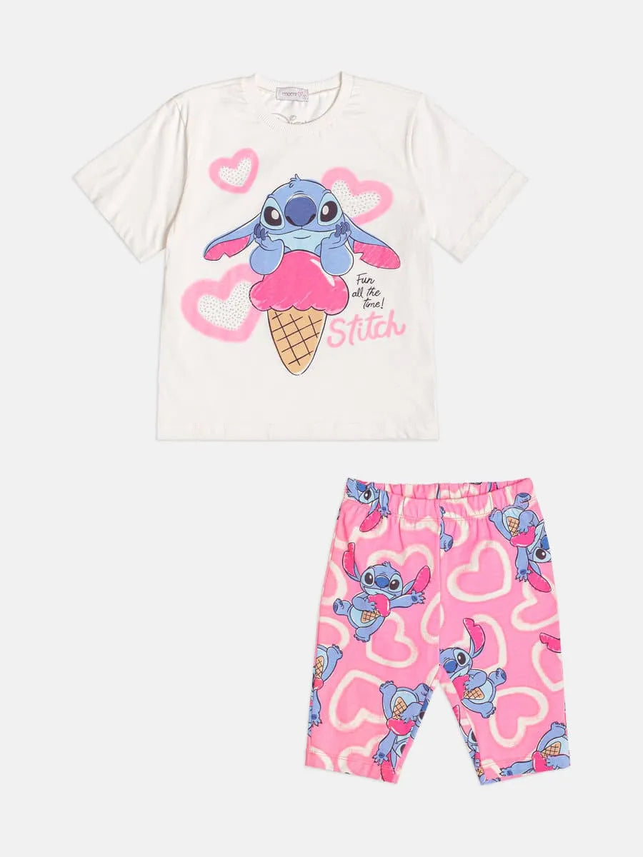 Conjunto Infantil Menina Momi Com Shorts Ciclista Rosa e Blusa Branca Stitch Sorvetinho Disney