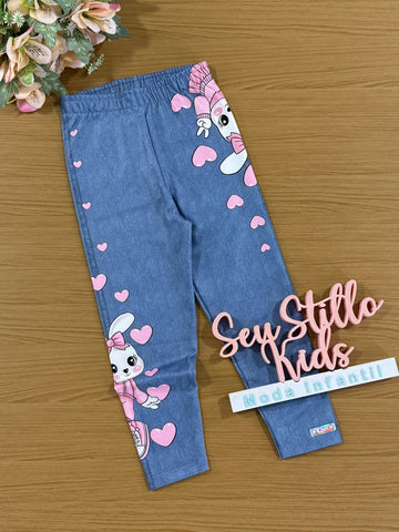 Calça Legging Infantil Cinti Inverno Térmica Azul Jeans Coelho
