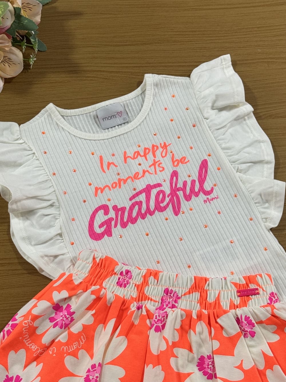 Conjunto Infantil Momi Verão Saia Laranja Flores e Blusa Grateful