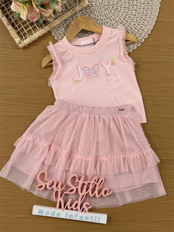 Conjunto Infantil Kukiê Verão com Saia e Blusa Rosa Borboletinha