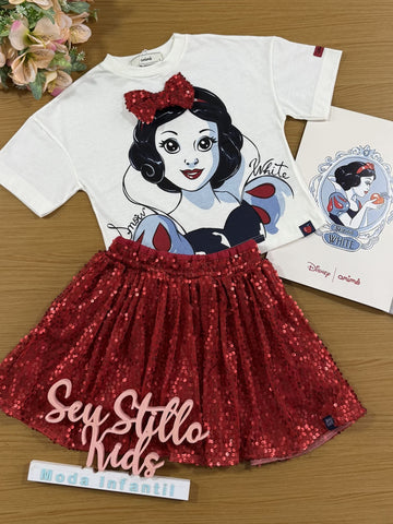 Conjunto Infantil Animê Saia Paetê Vermelho e Blusa Manga Curta Branca de Neve Disney