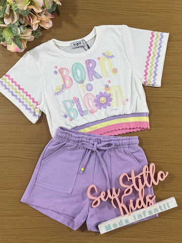Conjunto Infantil Kukie Verão Shorts Lilás e Blusa Florescer