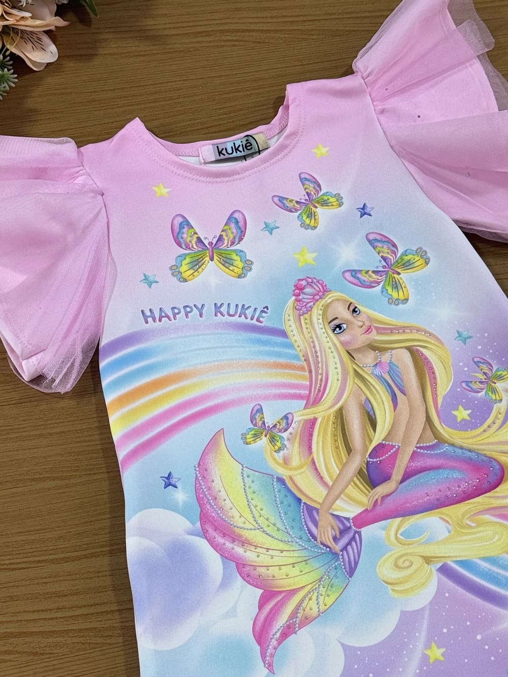 Vestido Infantil Kukie Verão Rosa Sereia Arco-íris