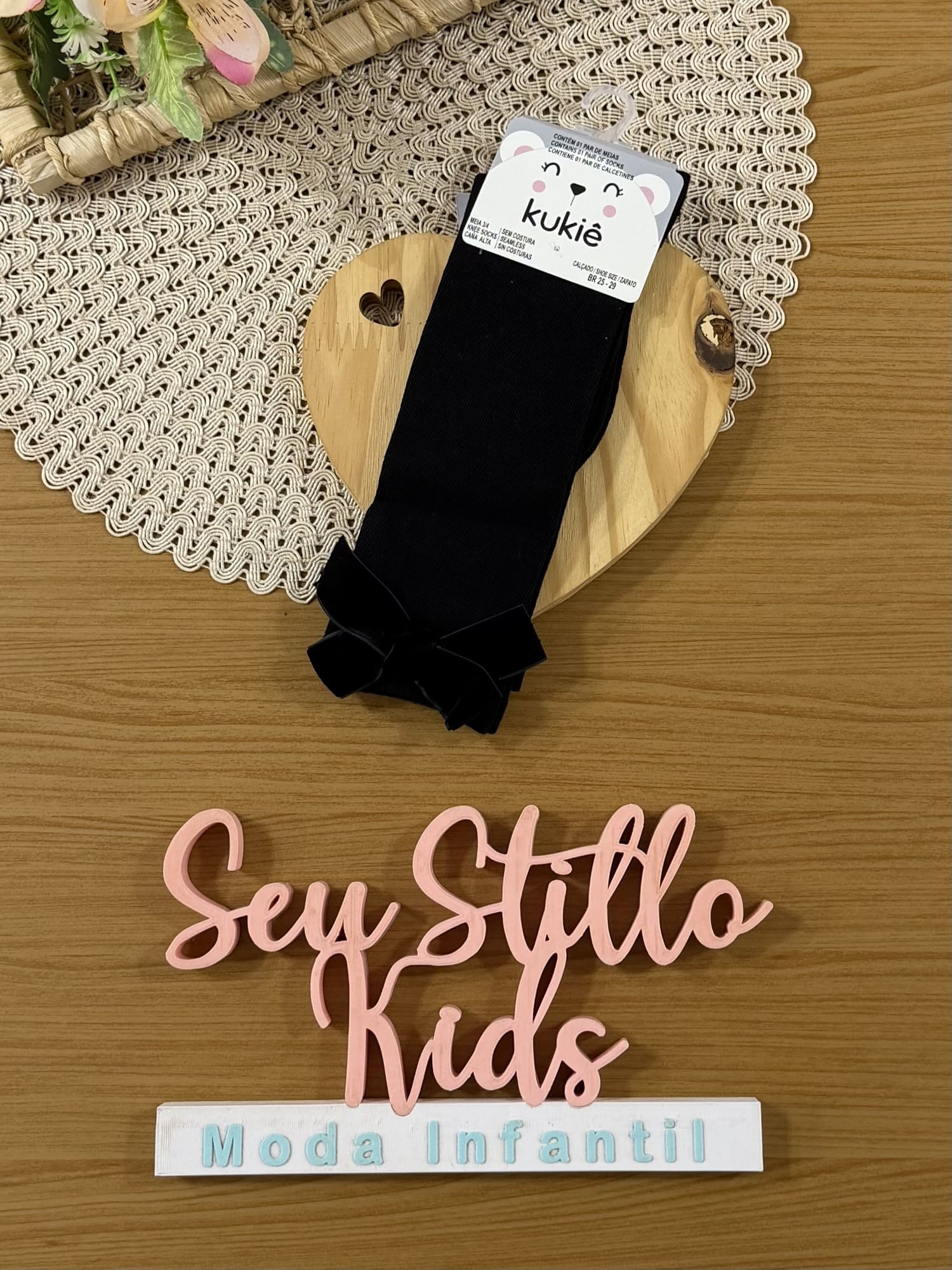Meia Infantil 3/4 Kukiê Inverno Preta Lacinho
