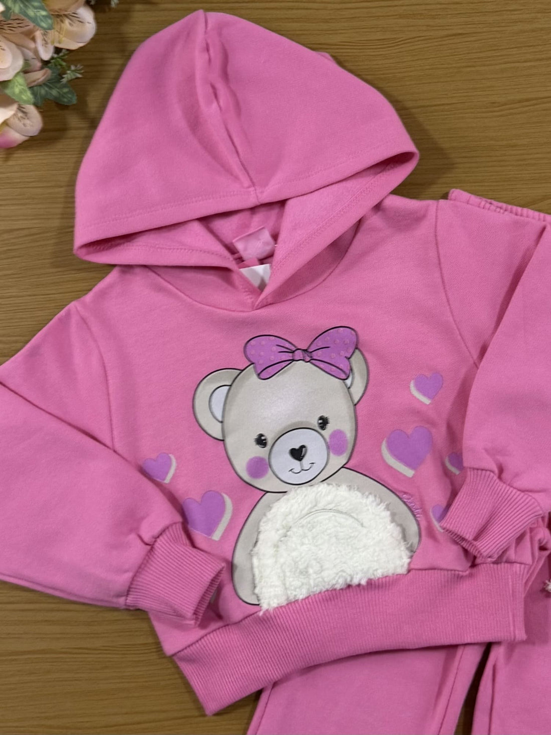 Conjunto Infantil Cinti Inverno Calça e Moletom Flanelado Bege Ursinha com Bolso