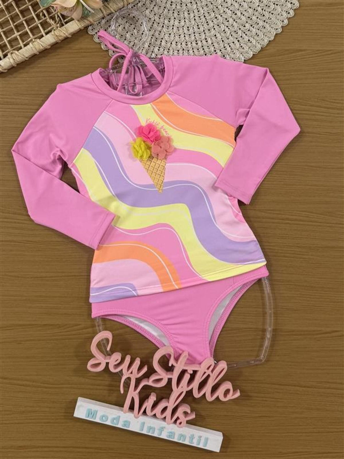 Biquíni Infantil Kukiê Verão Rosa com Blusa Manga Longa Sorvetinho