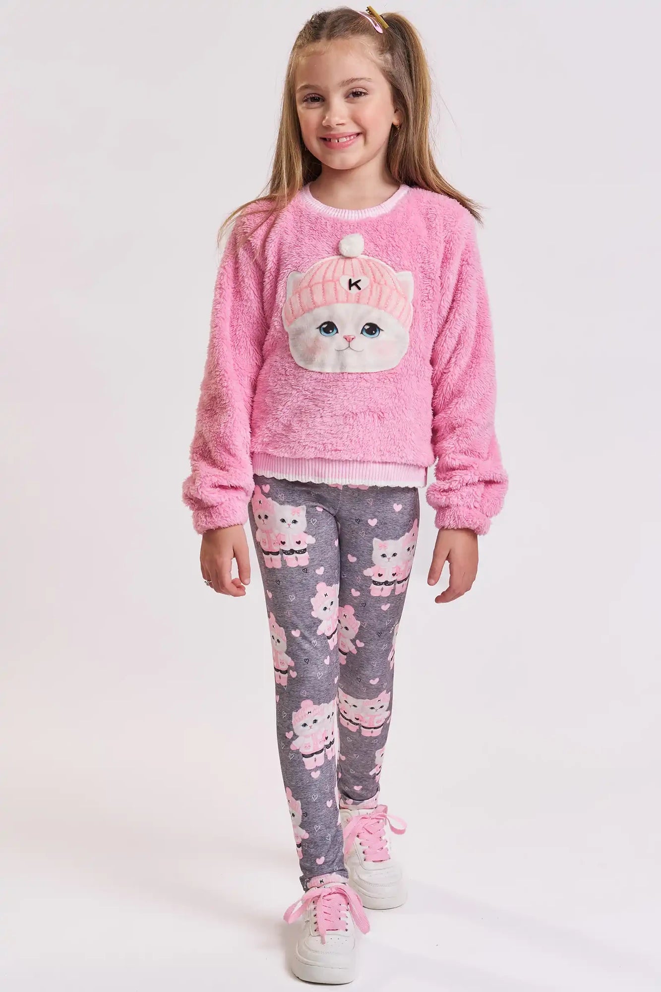 Conjunto Infantil Kukiê Inverno com Calça Legging e Moletom Rosa Gatinha