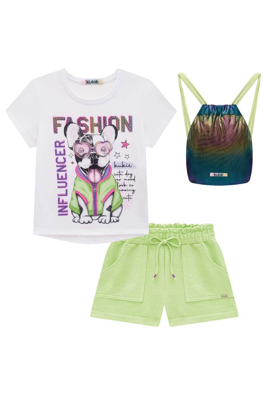 Conjunto Infantil Kukie Verão Shorts e Blusa Dog Fashion com Bolsinha