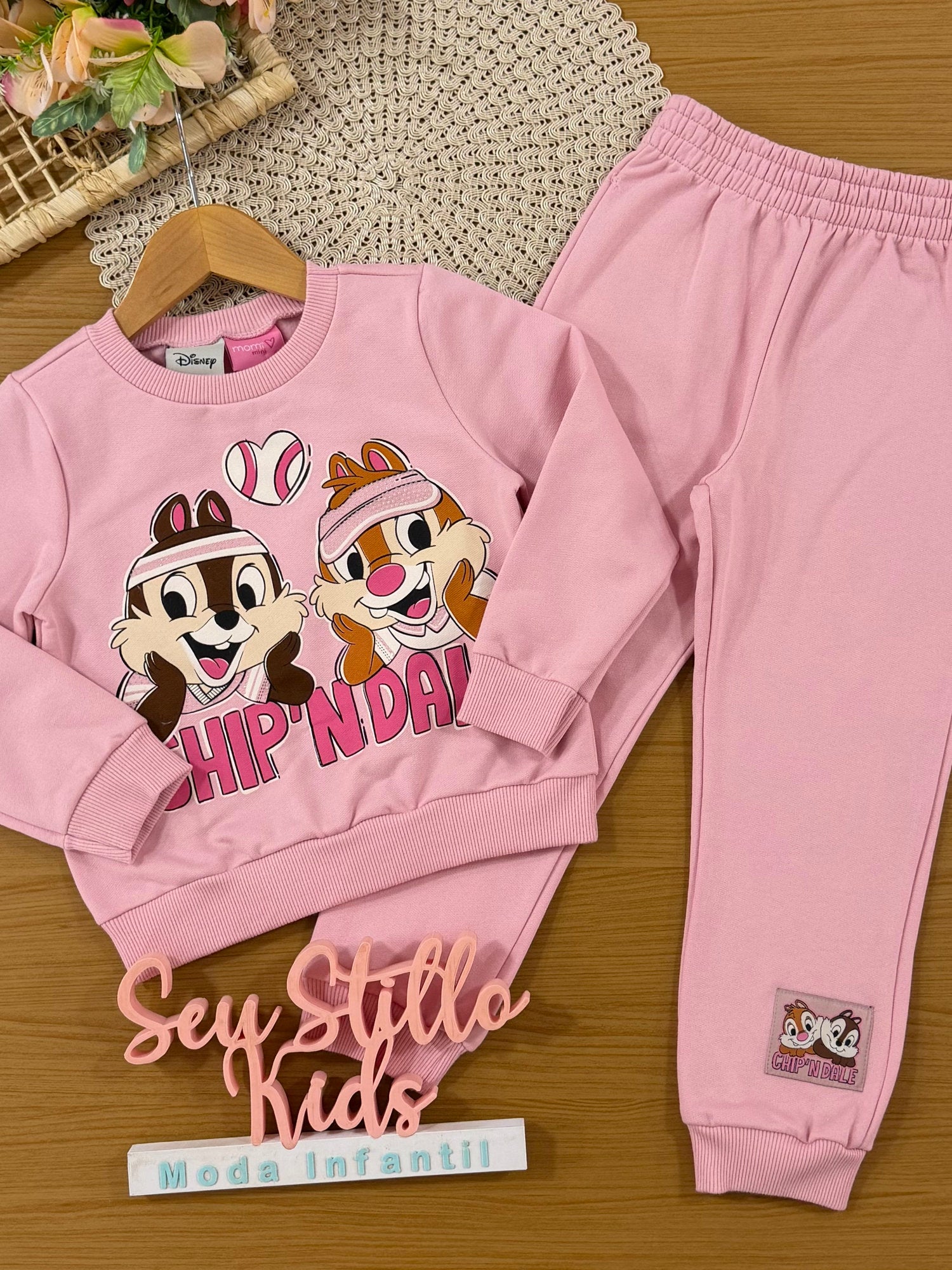 Conjunto Infantil Momi Inverno com Calça e Moletom Flanelado Rosa Tico e Teco Strass