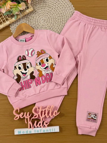 Conjunto Infantil Momi Inverno com Calça e Moletom Flanelado Rosa Tico e Teco Strass