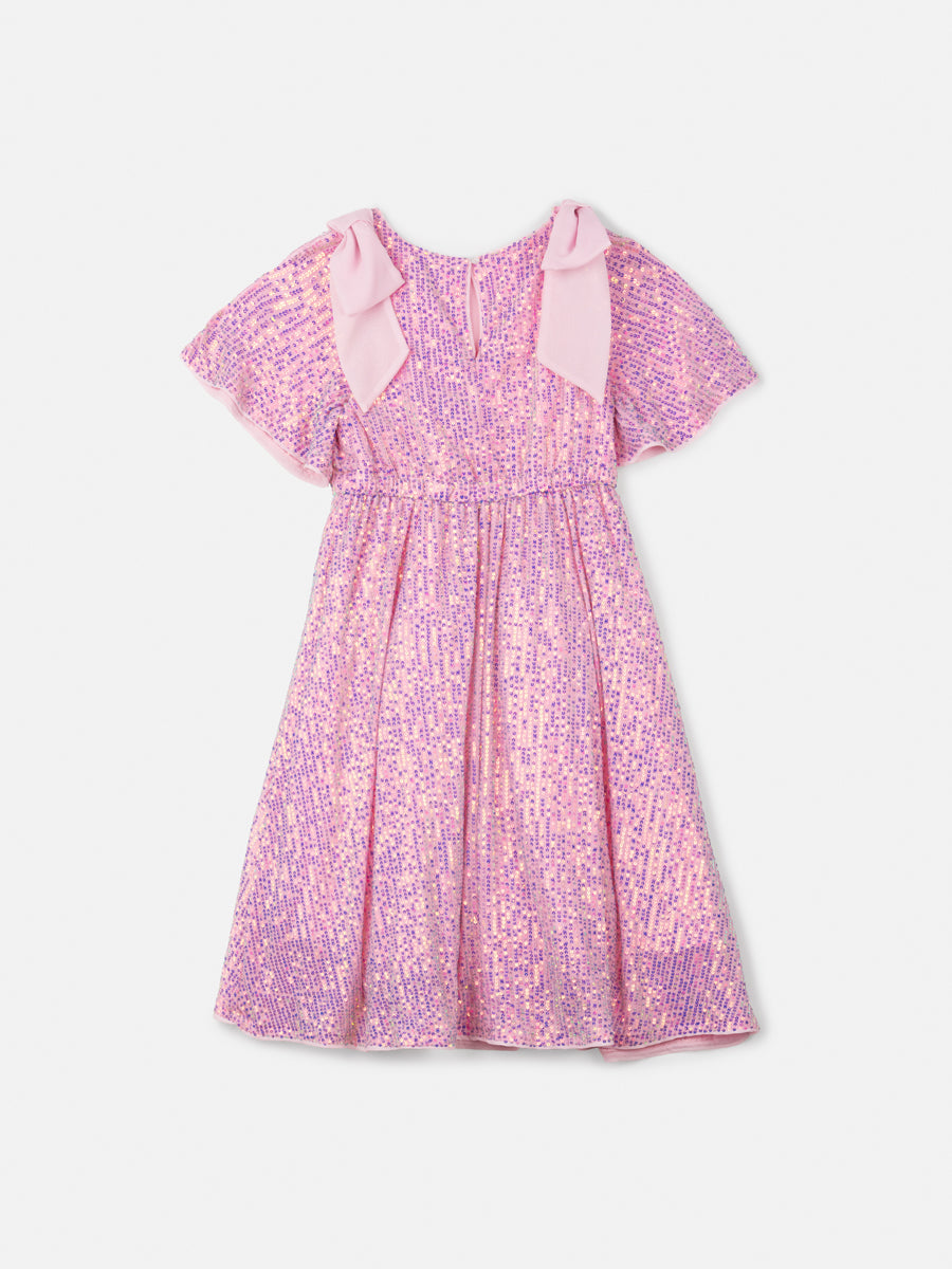 Vestido Infantil Animê Verão Tule Rosa com Paetê