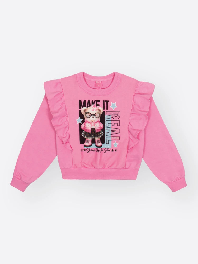 Conjunto Infantil Cinti Inverno com Saia em Tule Preta e Moletom sem Flanela Ursinha Fashion