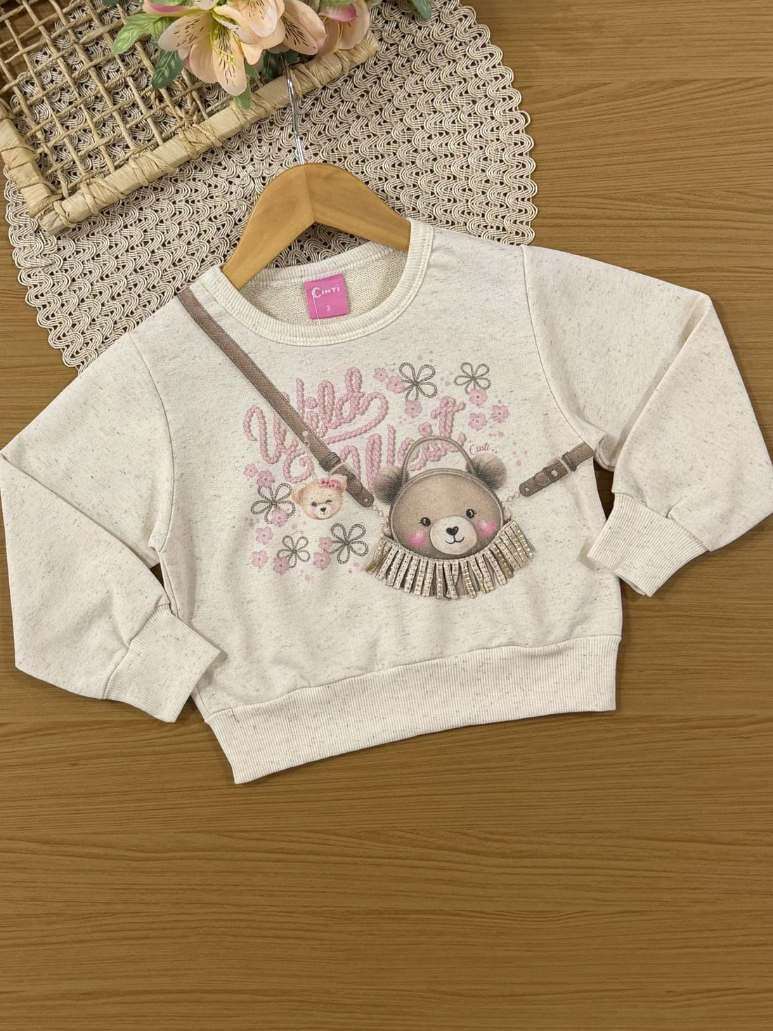 Conjunto Infantil Cinti Inverno com Shorts-Saia Bege e Blusa Manga Longa Ursinha 3d