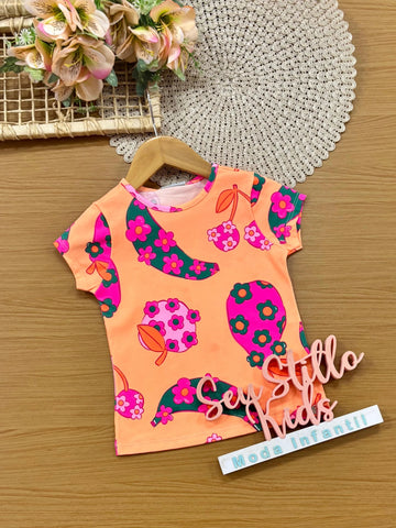Blusa Infantil Menina Bimbi Laranja Frutinhas Floral