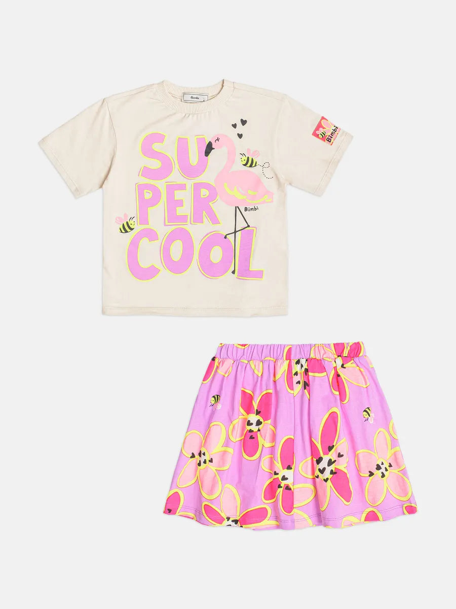 Conjunto Infantil Menina Bimbi Saia Roxa e Blusa Bege Flamingo