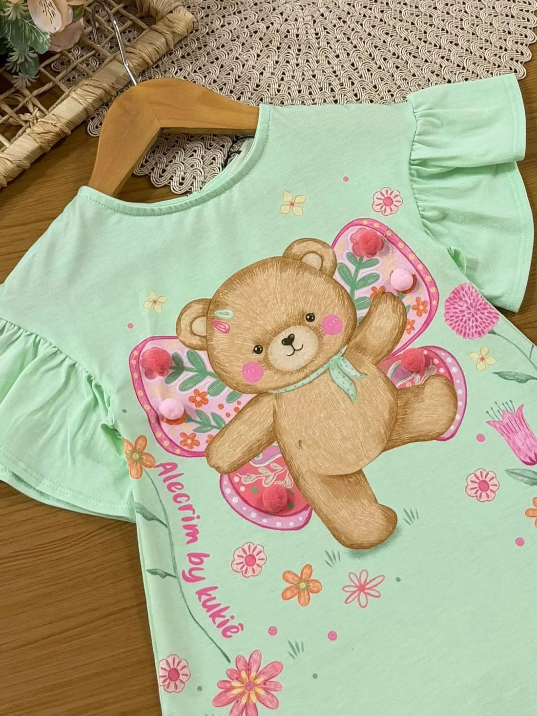 Vestido Infantil Kukiê Verão Verde Ursinha Borboleta