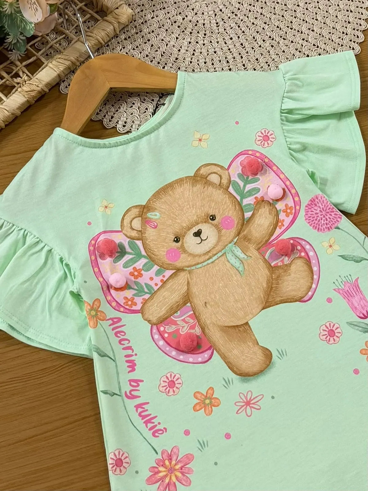 Vestido Infantil Kukiê Verão Verde Ursinha Borboleta
