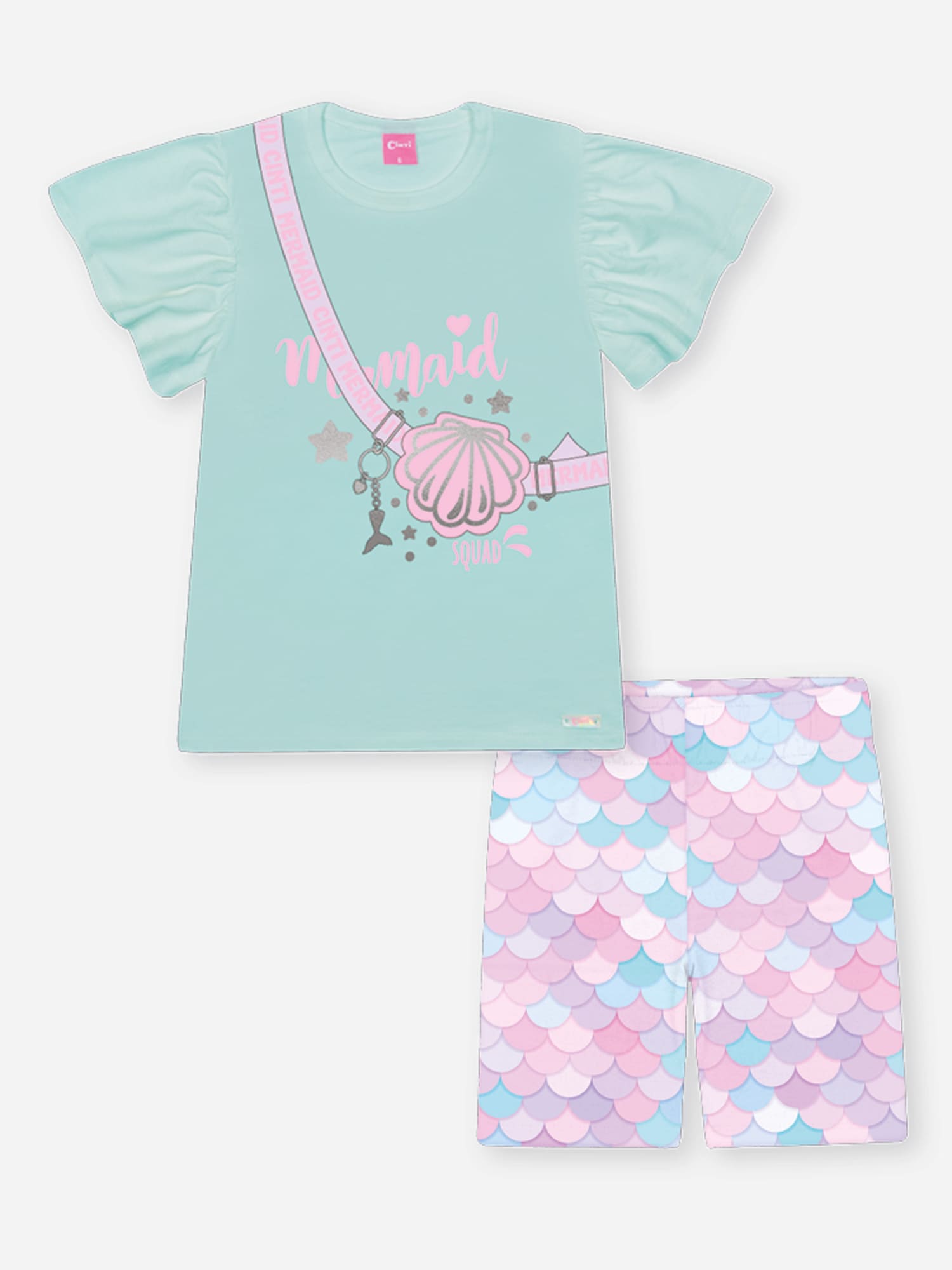 Conjunto Infantil Cinti Verão com Shorts Ciclista e Blusa Azul Conchinha