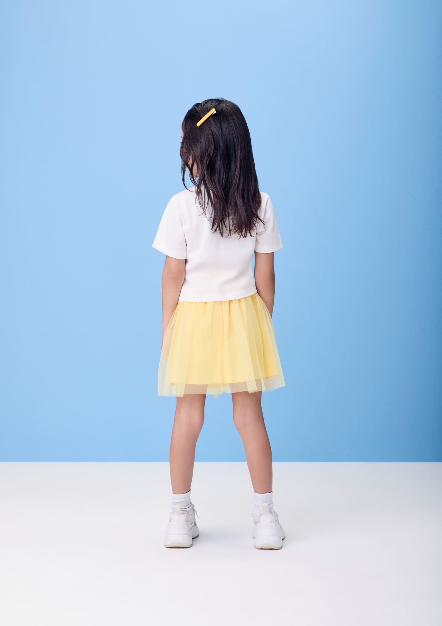 Conjunto Infantil Momi Verão com Saia Amarela em Tule e Blusa Branca Daisy com Strass Disney