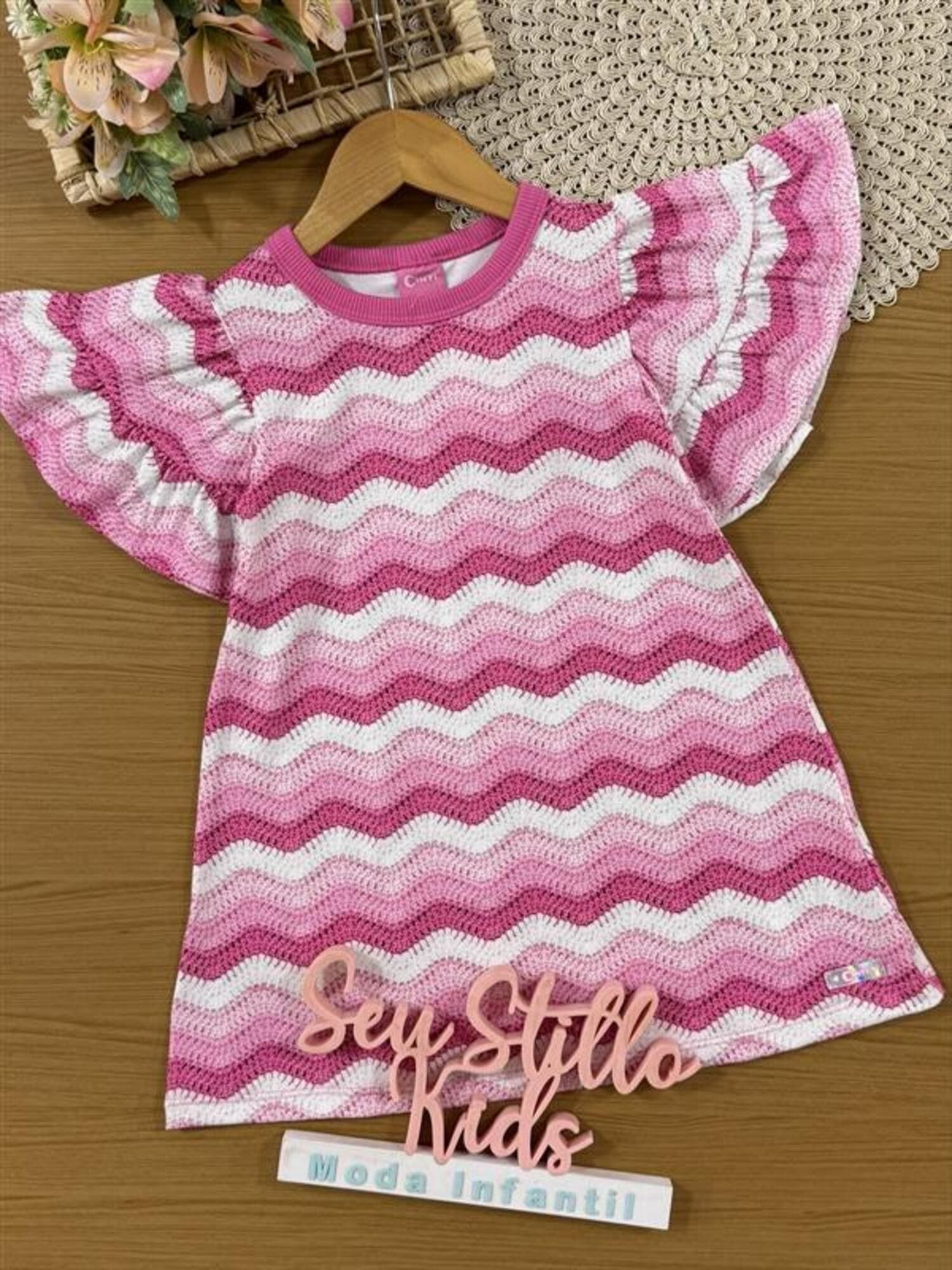 Vestido Infantil Cinti Verão Rosa Tricô 3D