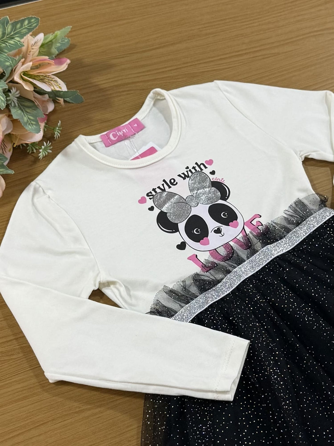 Vestido Infantil Cinti Inverno Panda Com Tule Brilhos