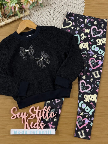 Conjunto Infantil Kukiê com Calça e Casaco Manga Longa Preta Laços