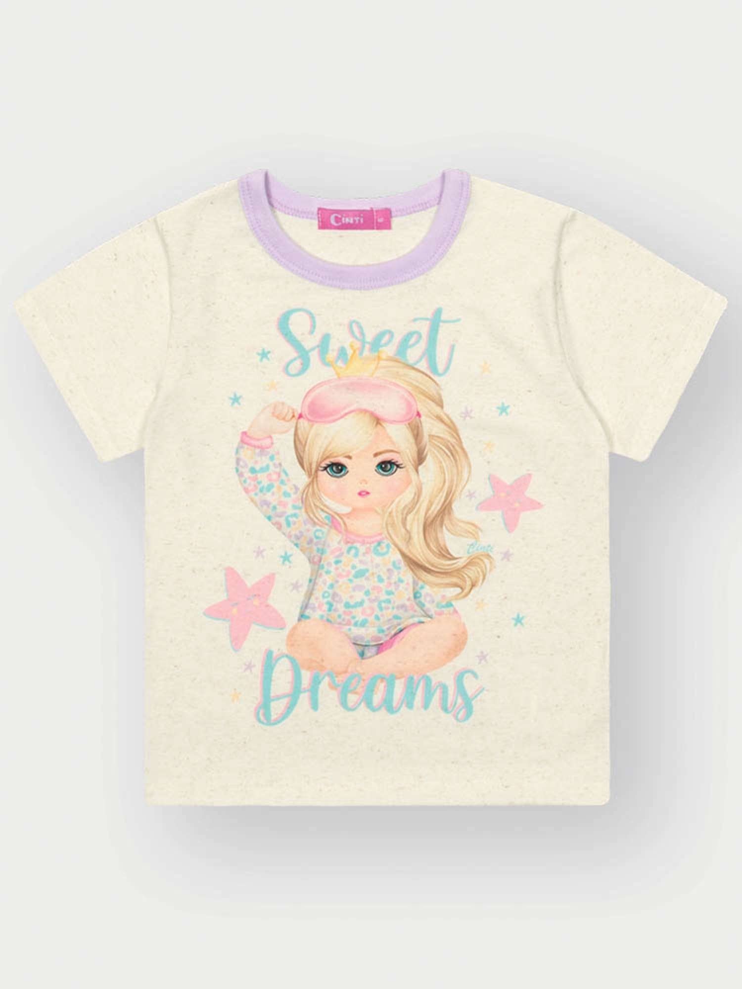 Pijama Infantil Cinti Verão com Shorts e Blusa Off White Princesa